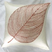 手工刺绣DIY米白色抱枕覆盖棕色叶子绣缎